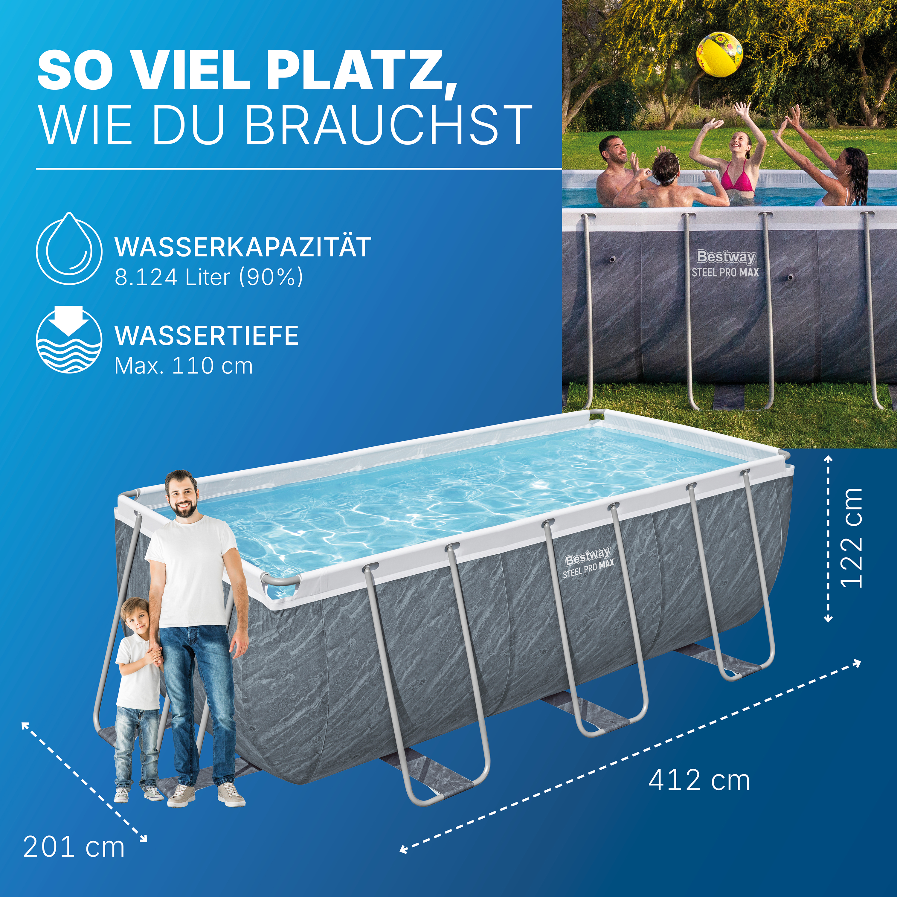 Steel Pro MAX™ Solo Pool ohne Zubehör 412 x 201 x 122 cm, Marmor-Optik (Schiefergrau), eckig