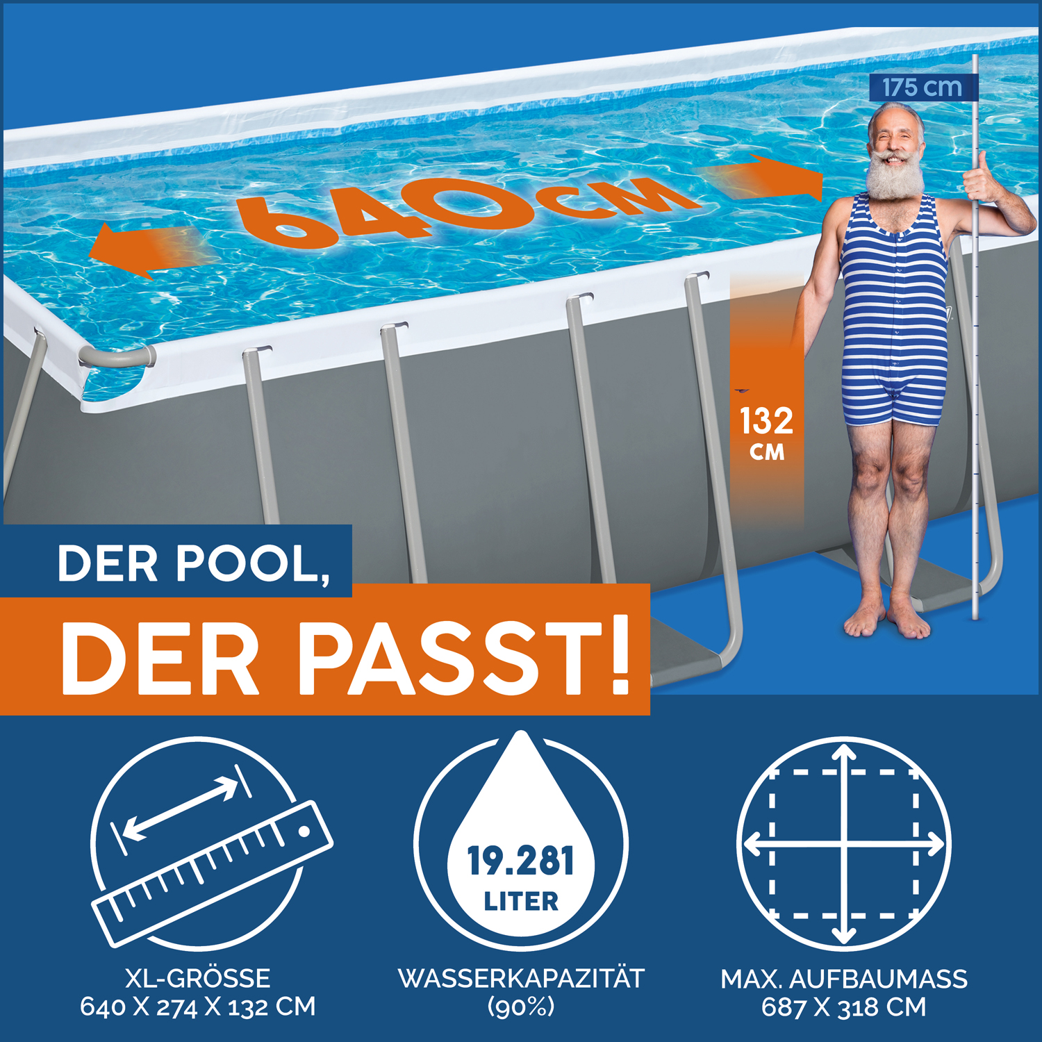 Power Steel™ Frame Pool Komplett-Set mit Filterpumpe 640 x 274 x 132 cm, grau, eckig