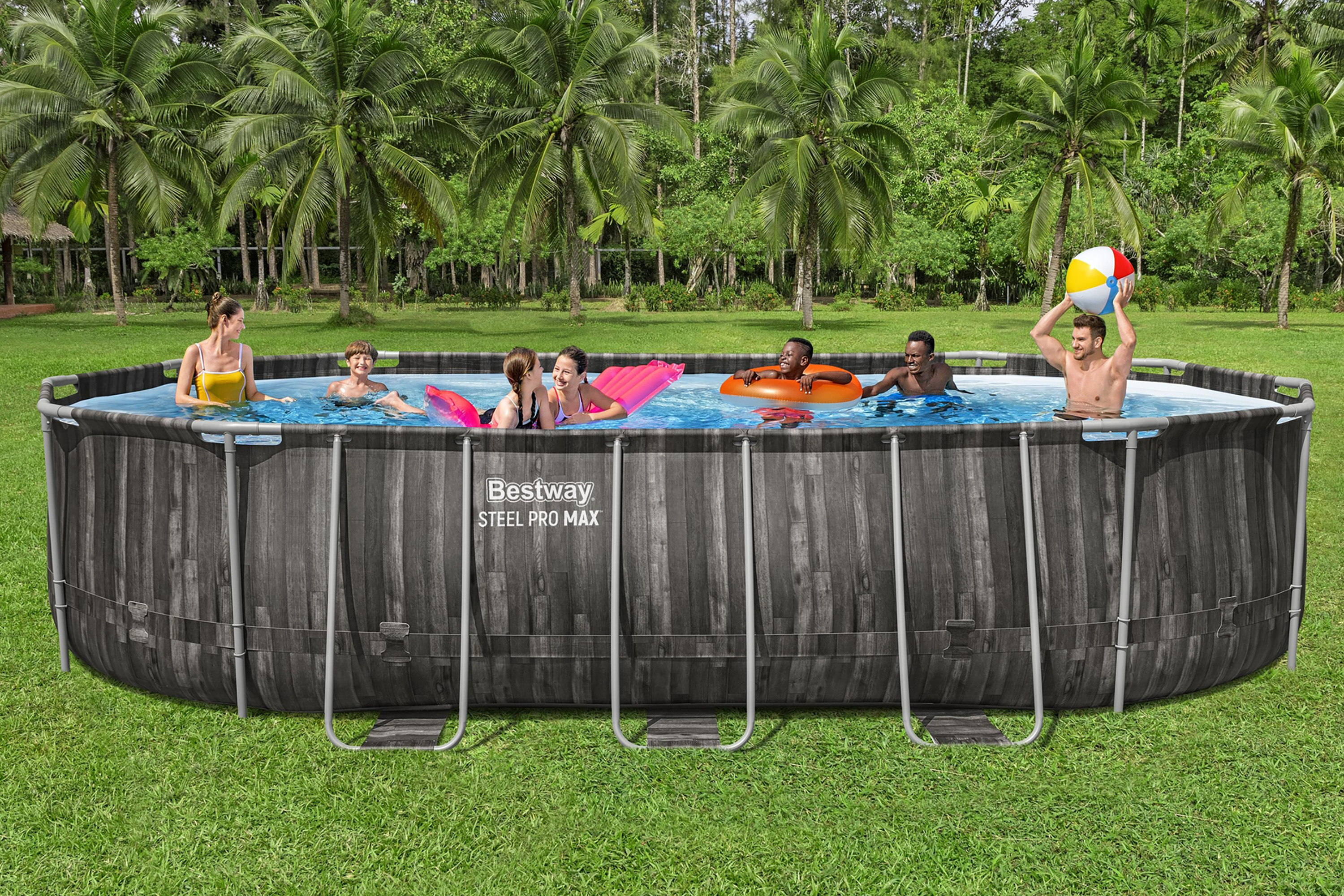 Steel Pro MAX™ Frame Pool Komplett Set mit Filterpumpe 610 x 366 x 122 cm , Holz-Optik (Mooreiche), oval