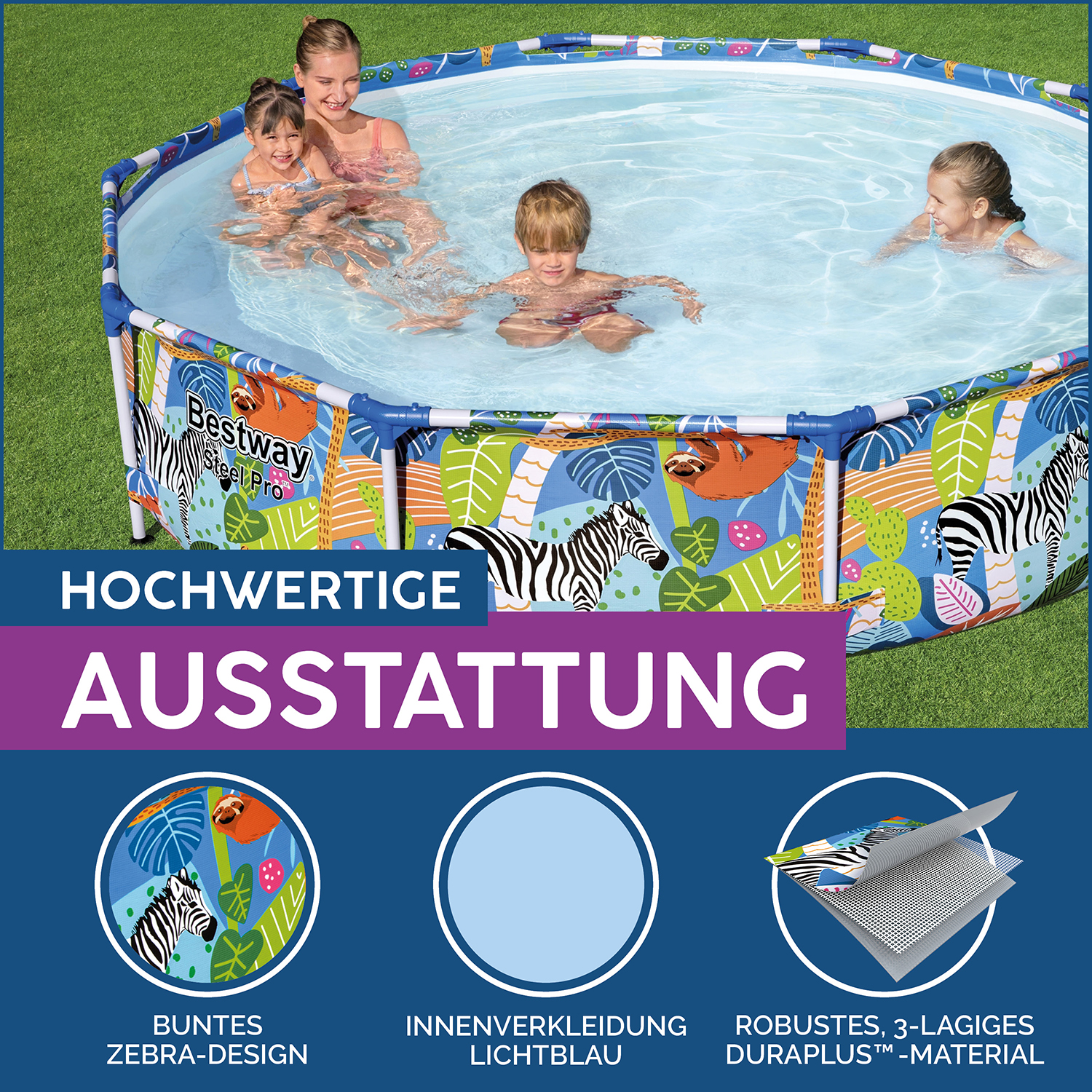 Steel Pro™ Frame Pool ohne Pumpe Ø 305 x 66 cm, buntes Zebra-Design, rund