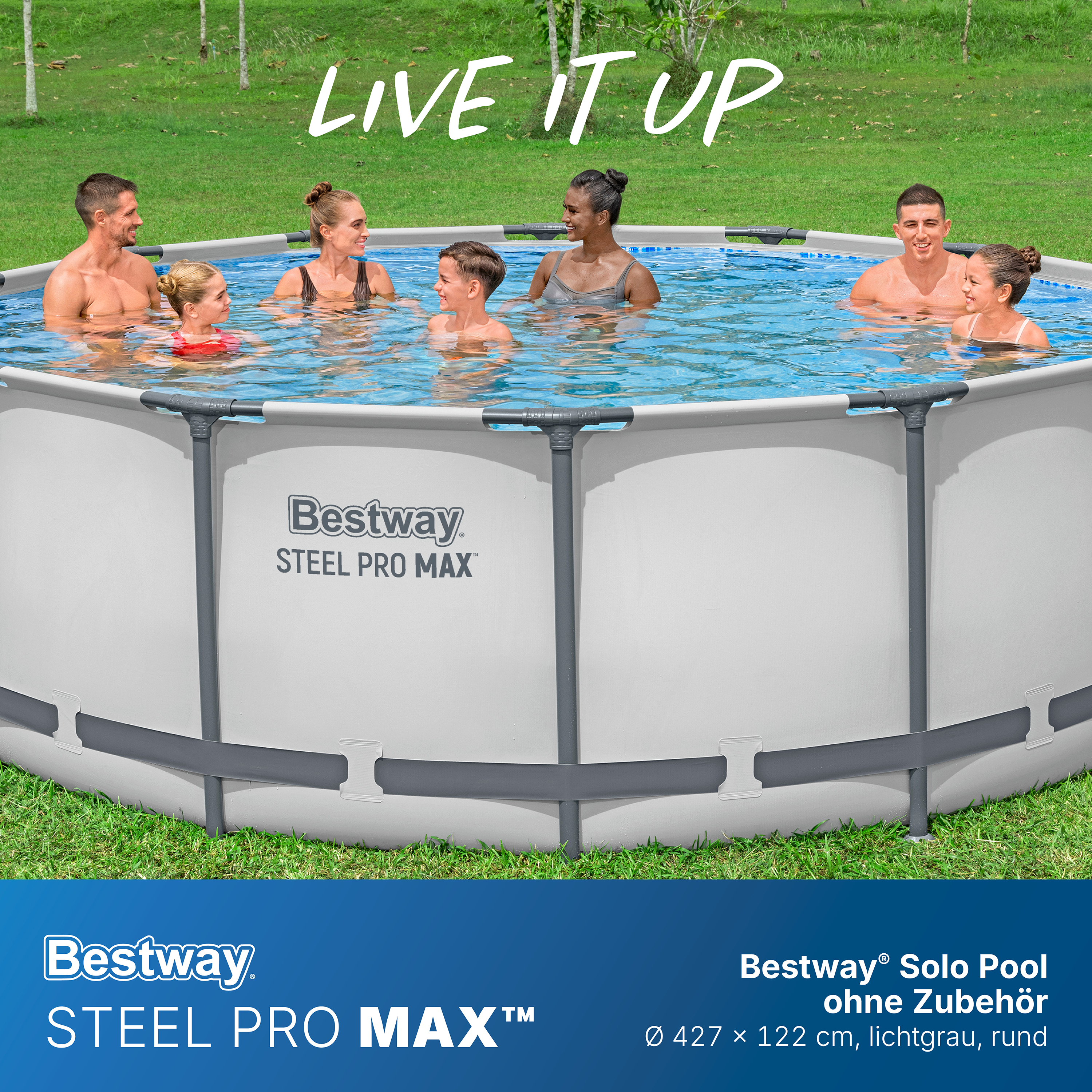 Steel Pro MAX™ Solo Pool ohne Zubehör Ø 427 x 122 cm, lichtgrau, rund Steel Pro MAX™ Solo Pool ohne Zubehör Ø 427 x 122 cm, lichtgrau, rund