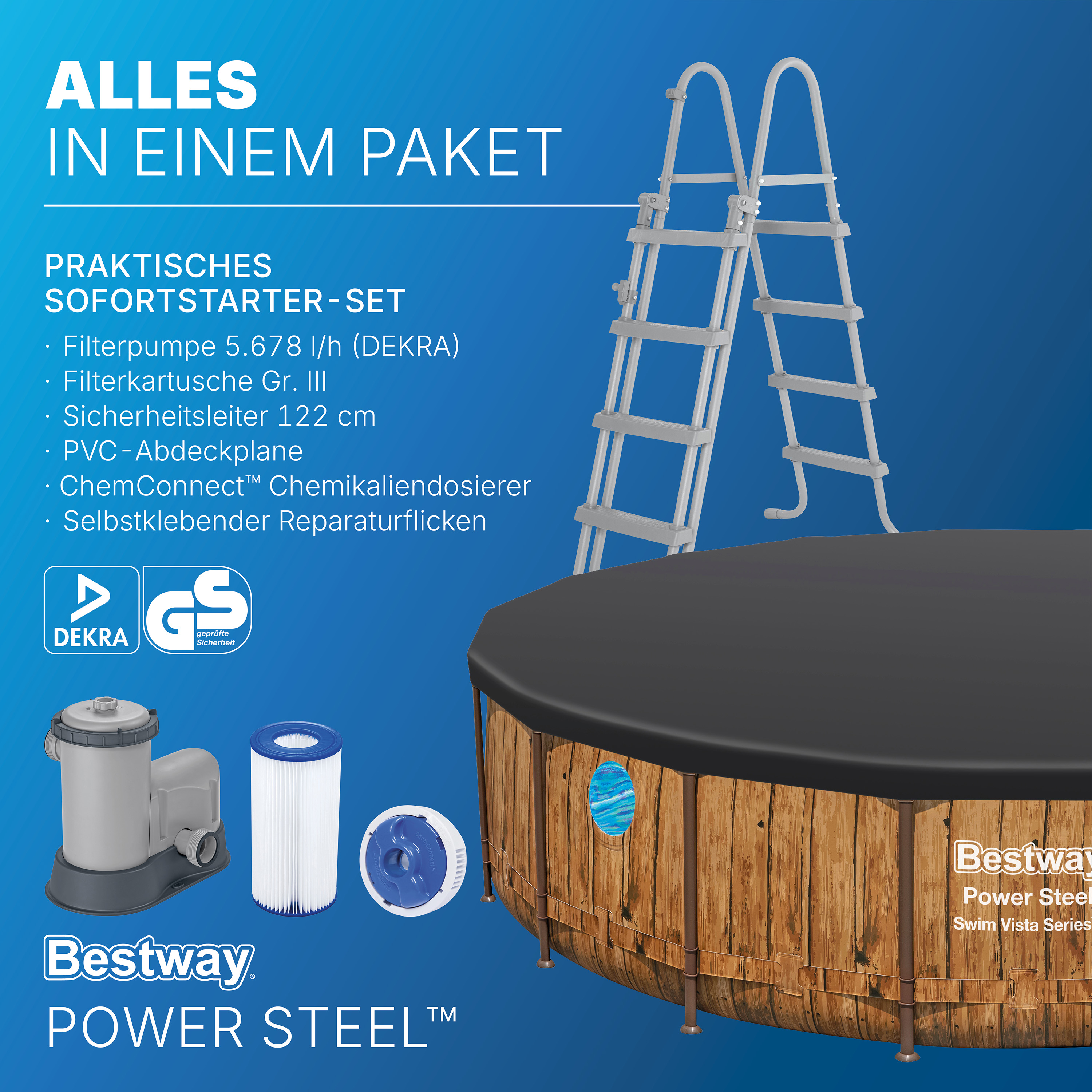 Power Steel™ Swim Vista Series™ Frame Pool Komplett Set mit Filterpumpe Ø 549 x 122 cm, Holz-Optik (Pinie), rund
