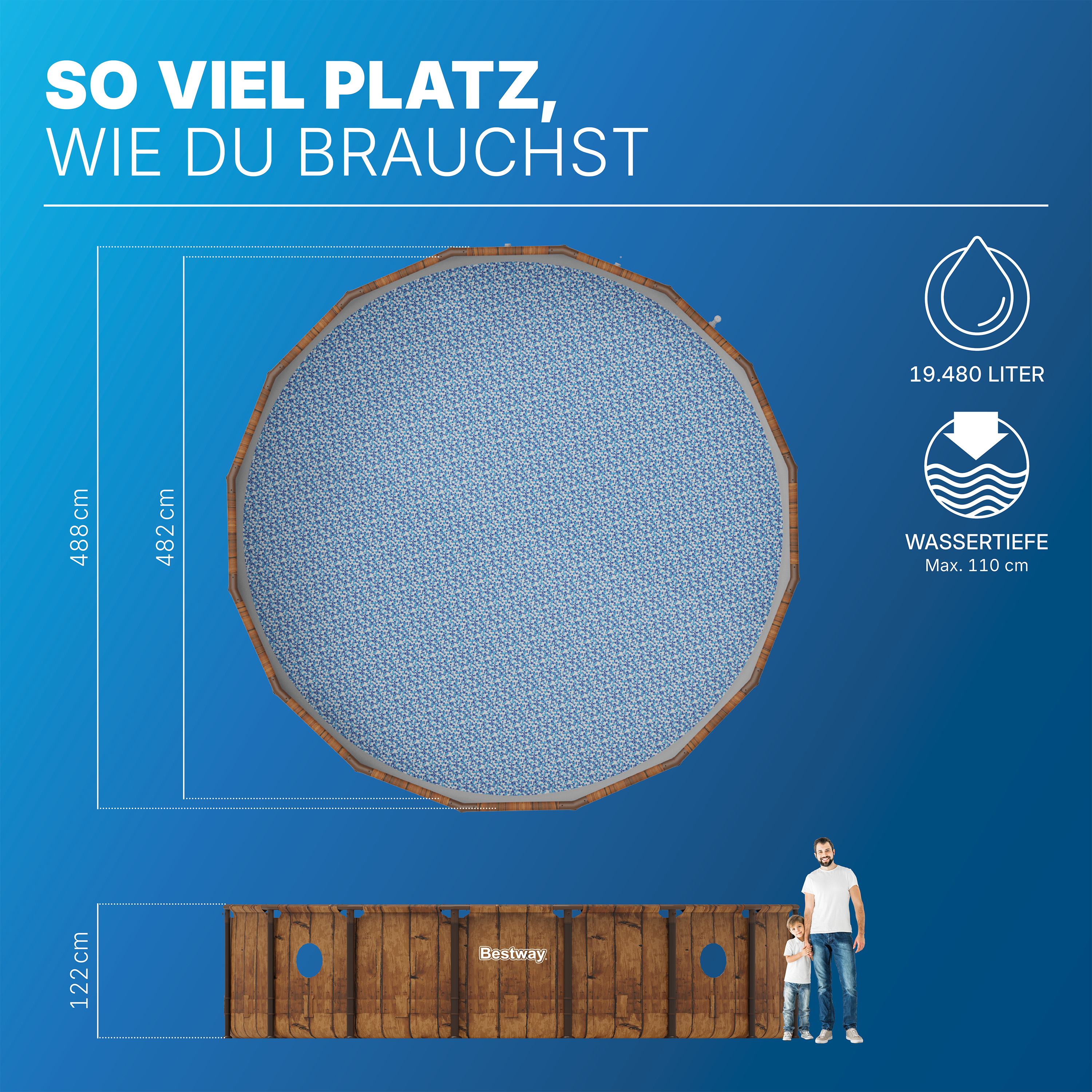 Power Steel™ Swim Vista Series™ Frame Pool Komplett Set mit Filterpumpe Ø 488 x 122 cm, Holz-Optik (Pinie), rund