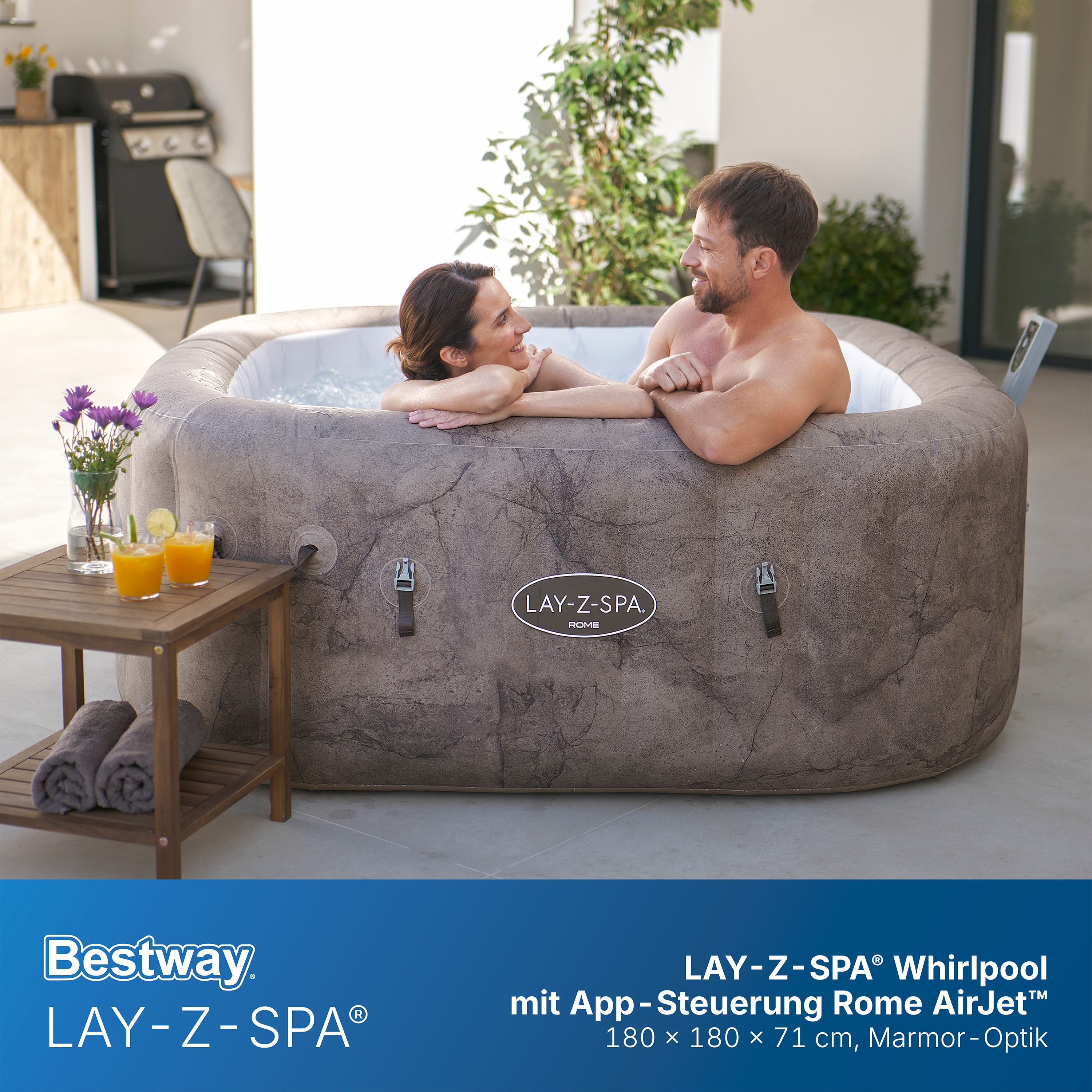 LAY-Z-SPA® WLAN-Whirlpool Rome AirJet™ mit App-Steuerung, für 6 Personen, 180 x 180 x 71 cm, Marmor-Optik (Braun)