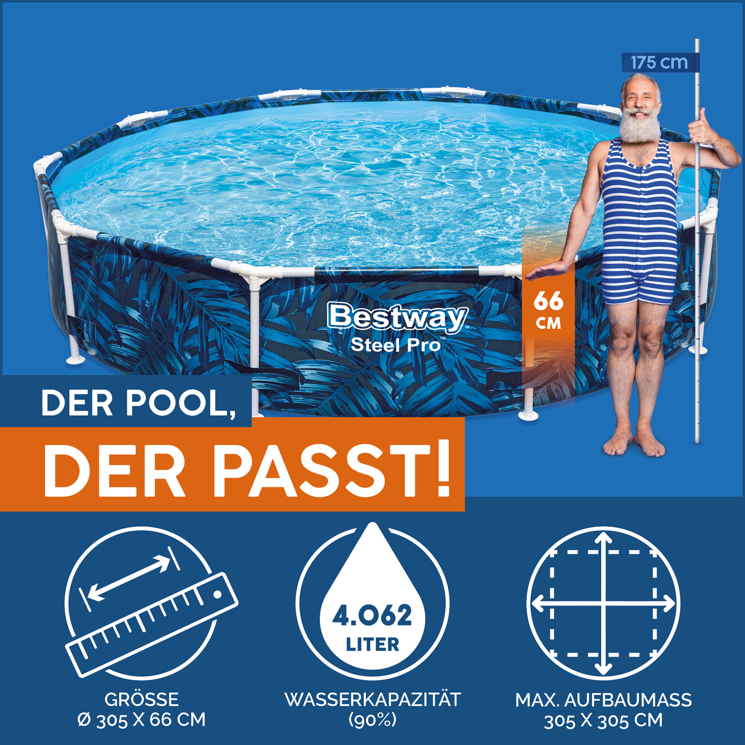 Steel Pro™ Frame Pool ohne Pumpe Ø 305 x 66 cm, tropisches Blatt-Design, rund