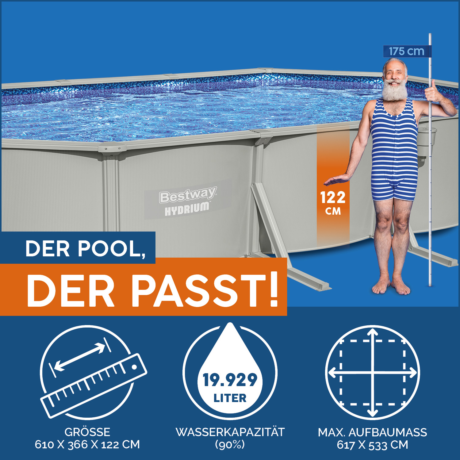 Hydrium™ Stahlwandpool Komplett Set mit Sandfilteranlage 610 x 360 x 120 cm, granitgrau, oval
