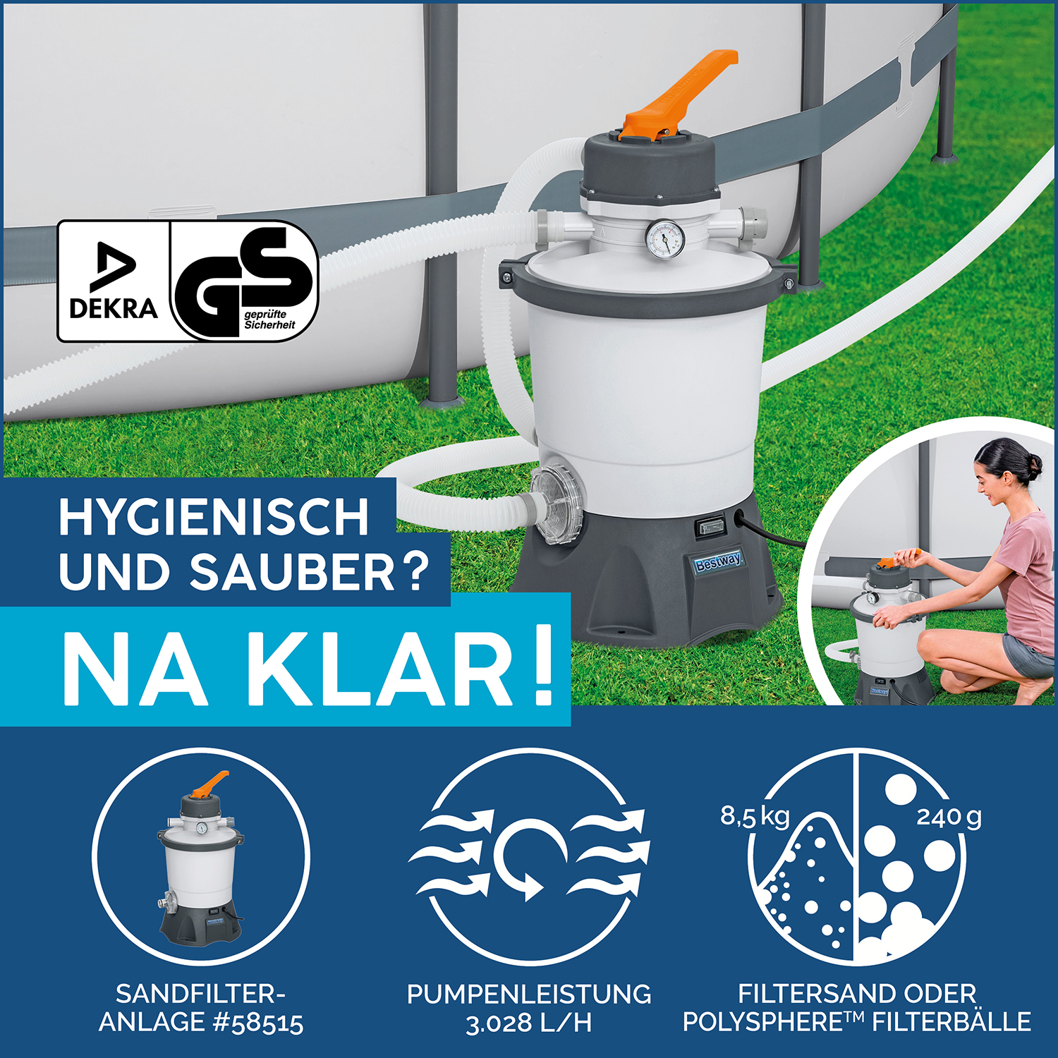 Power Steel™ Swim Vista Series™ Frame Pool Komplett Set mit Sandfilteranlage 488 x 305 x 107 cm , Steinwand-Optik (Cremegrau), oval