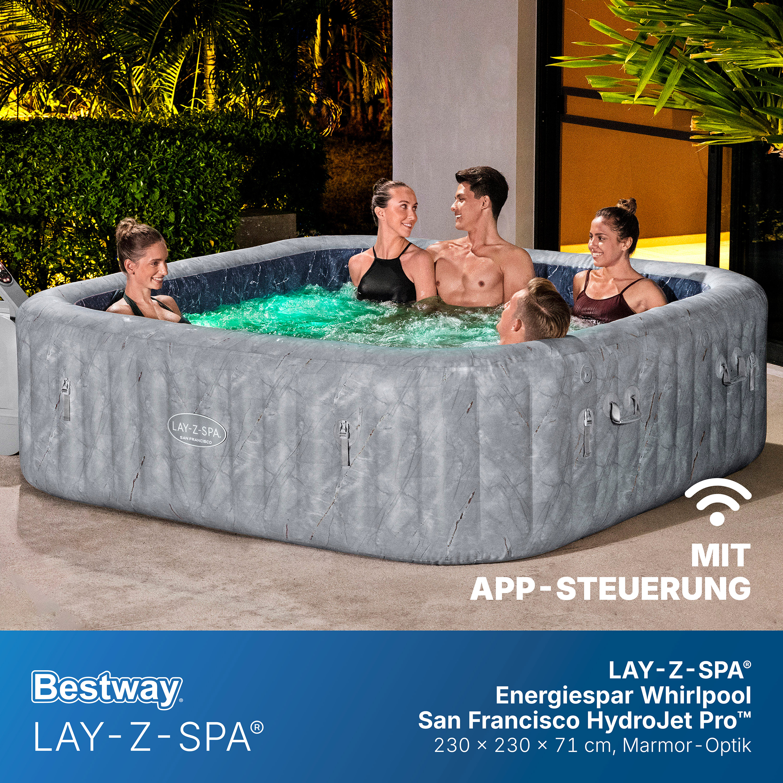 LAY-Z-SPA® Energiespar Whirlpool San Francisco HydroJet Pro™ mit App-Steuerung, für 7 Personen 230 x 230 x 71 cm, Marmor-Optik (Samtgrau)