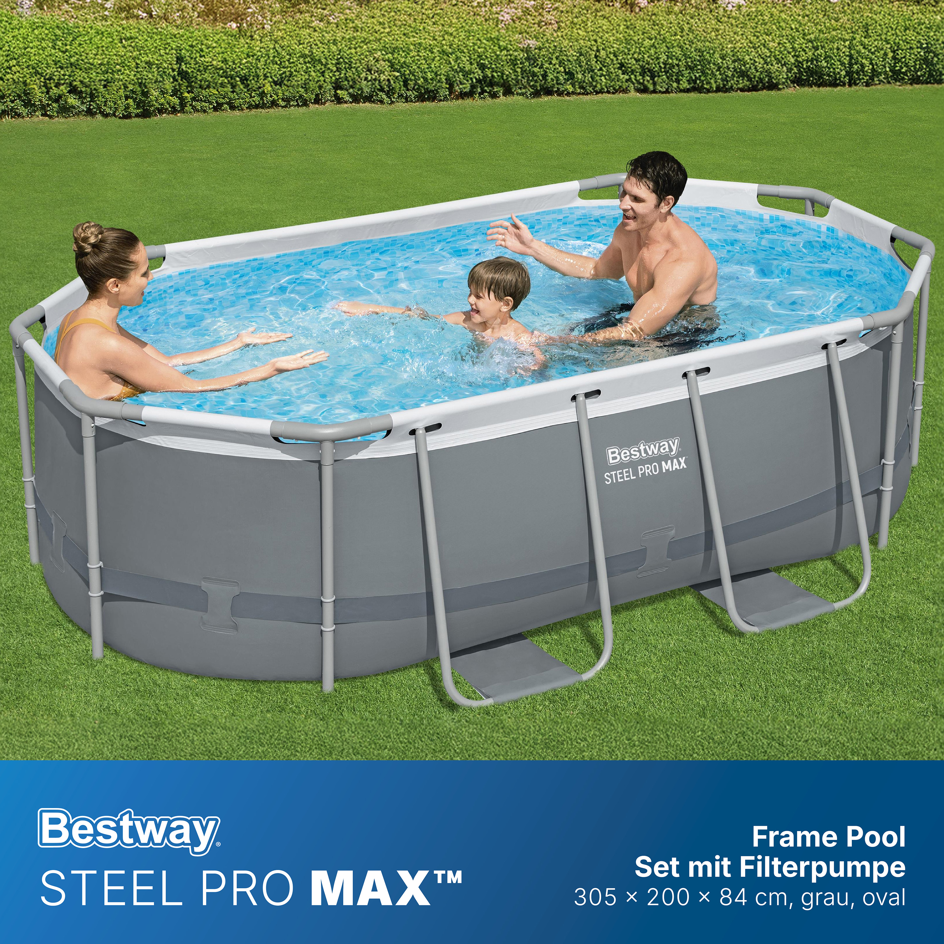Steel Pro MAX™ Frame Pool Set mit Filterpumpe 305 x 200 x 84 cm, grau, oval