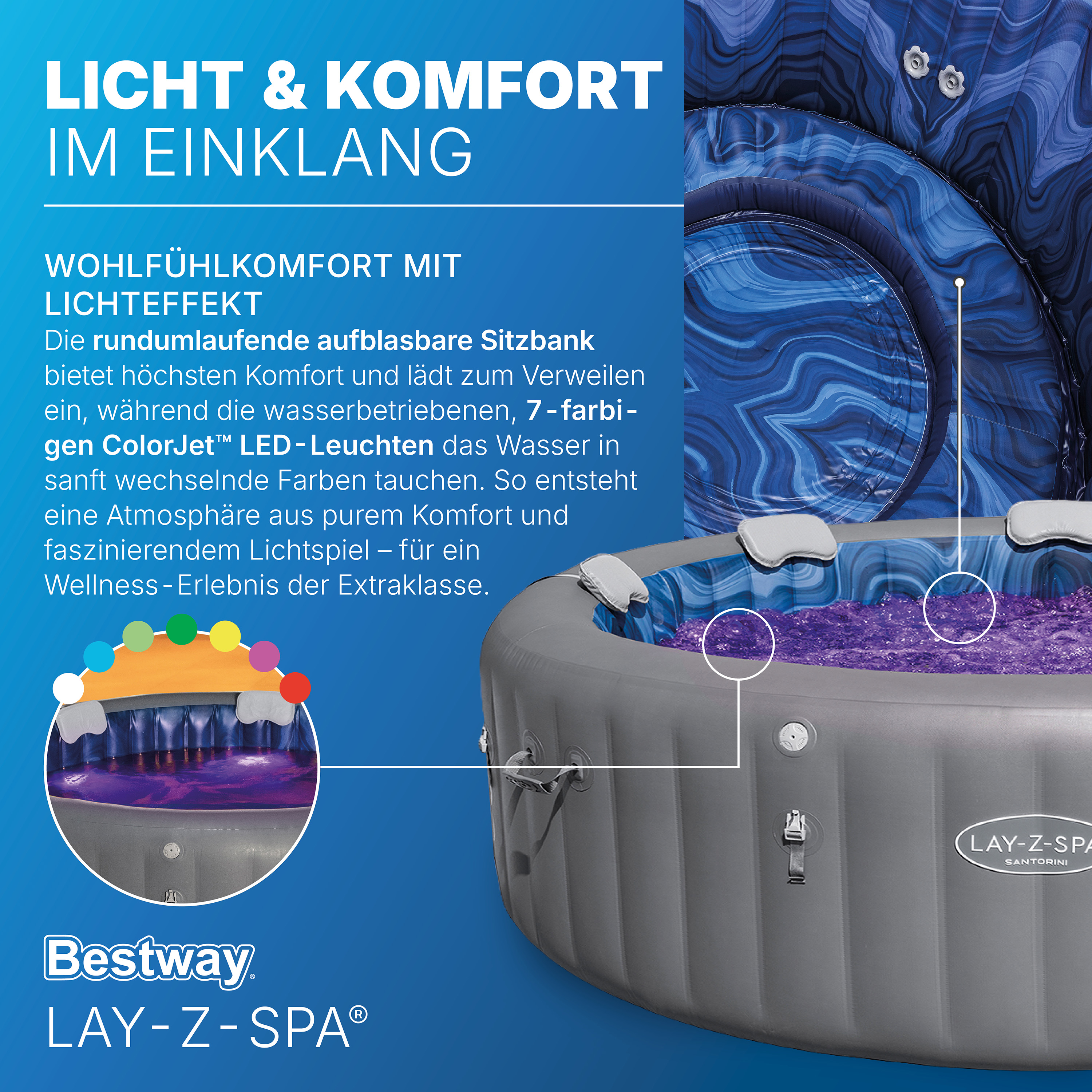LAY-Z-SPA® Energiespar Whirlpool Santorini HydroJet Pro™ mit App-Steuerung, für 7 Personen Ø 216 x 80 cm, Graphit