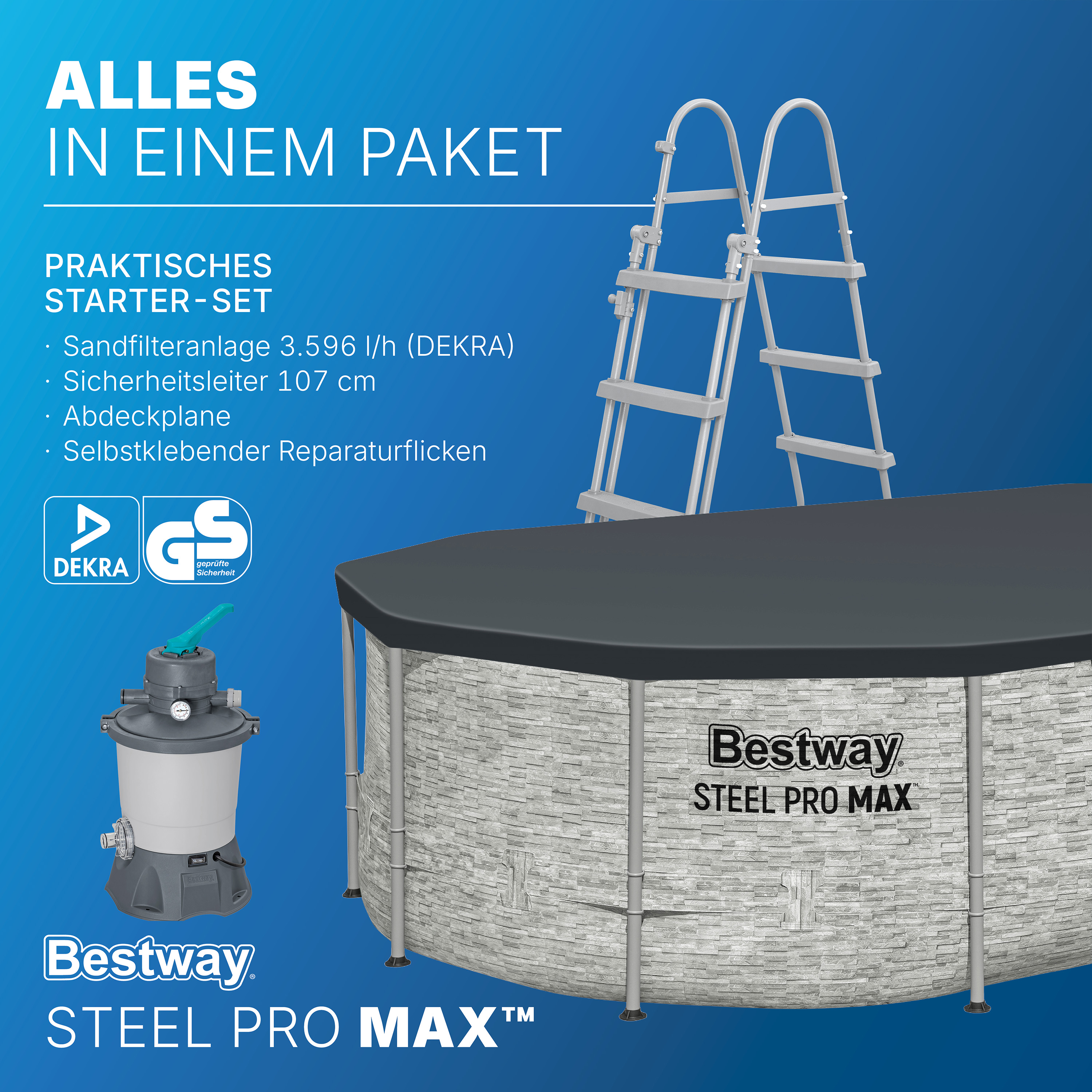 Steel Pro MAX™ Splashview™ Frame Pool Komplett Set mit Sandfilteranlage 488 x 305 x 107 cm , Steinwand-Optik (Cremegrau), oval