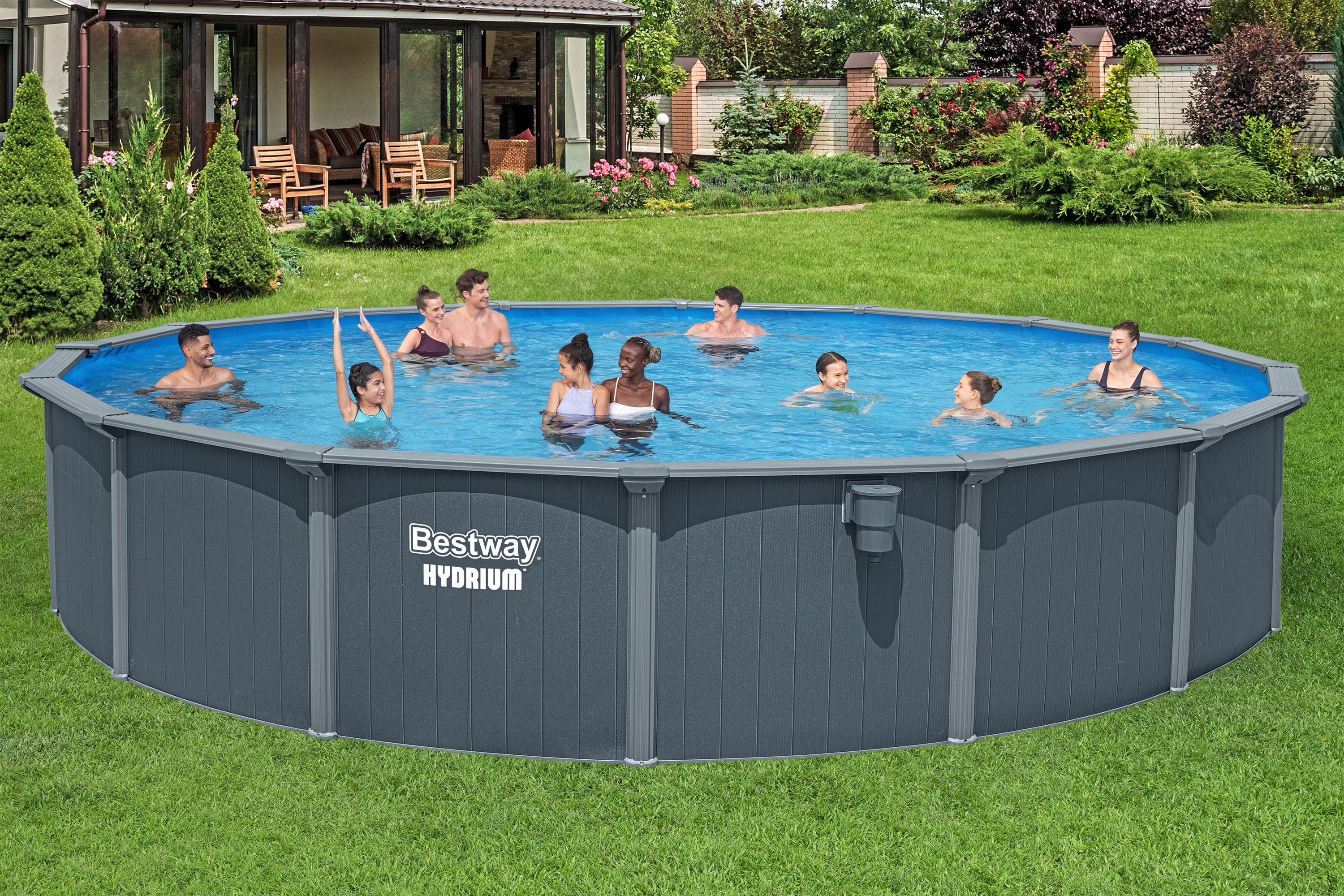 Hydrium™ Stahlwandpool Komplett Set mit Sandfilteranlage Ø 732 x 132 cm, Holz Optik (Grau), rund