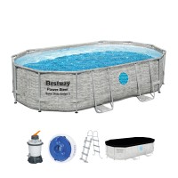 Power Steel™ Swim Vista Series™ Frame Pool Komplett-Set mit Sandfilteranlage 488 x 305 x 107 cm , Steinwand-Optik (Cremegrau), oval