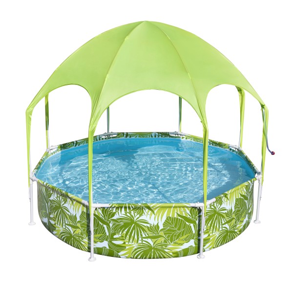 Steel Pro™ Frame Pool mit Sonnenschutzdach &quot;Splash-in-Shade&quot; ohne Pumpe Ø 244 x 51 cm, grünes Blätter-Design, rund