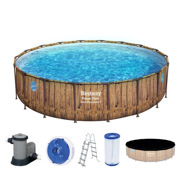 Power Steel™ Swim Vista Series™ Frame Pool Komplett-Set mit Filterpumpe Ø 549 x 122 cm, Holz-Optik (Pinie), rund