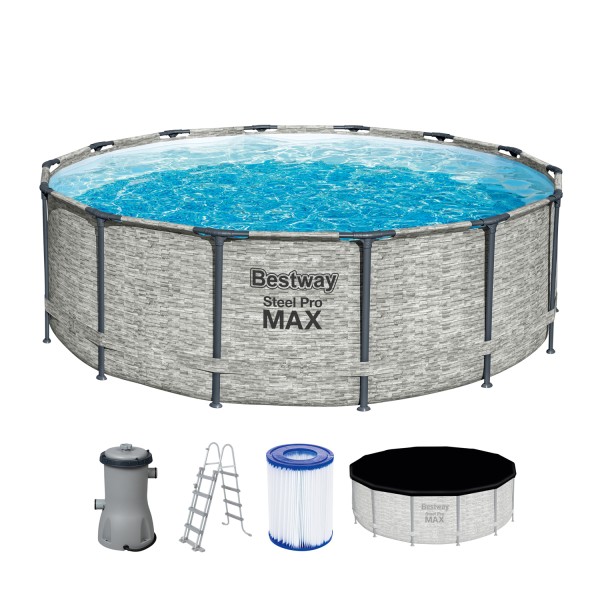 Steel Pro MAX™ Frame Pool Komplett-Set mit Filterpumpe Ø 427 x 122 cm, Steinwand-Optik (Cremegrau), rund