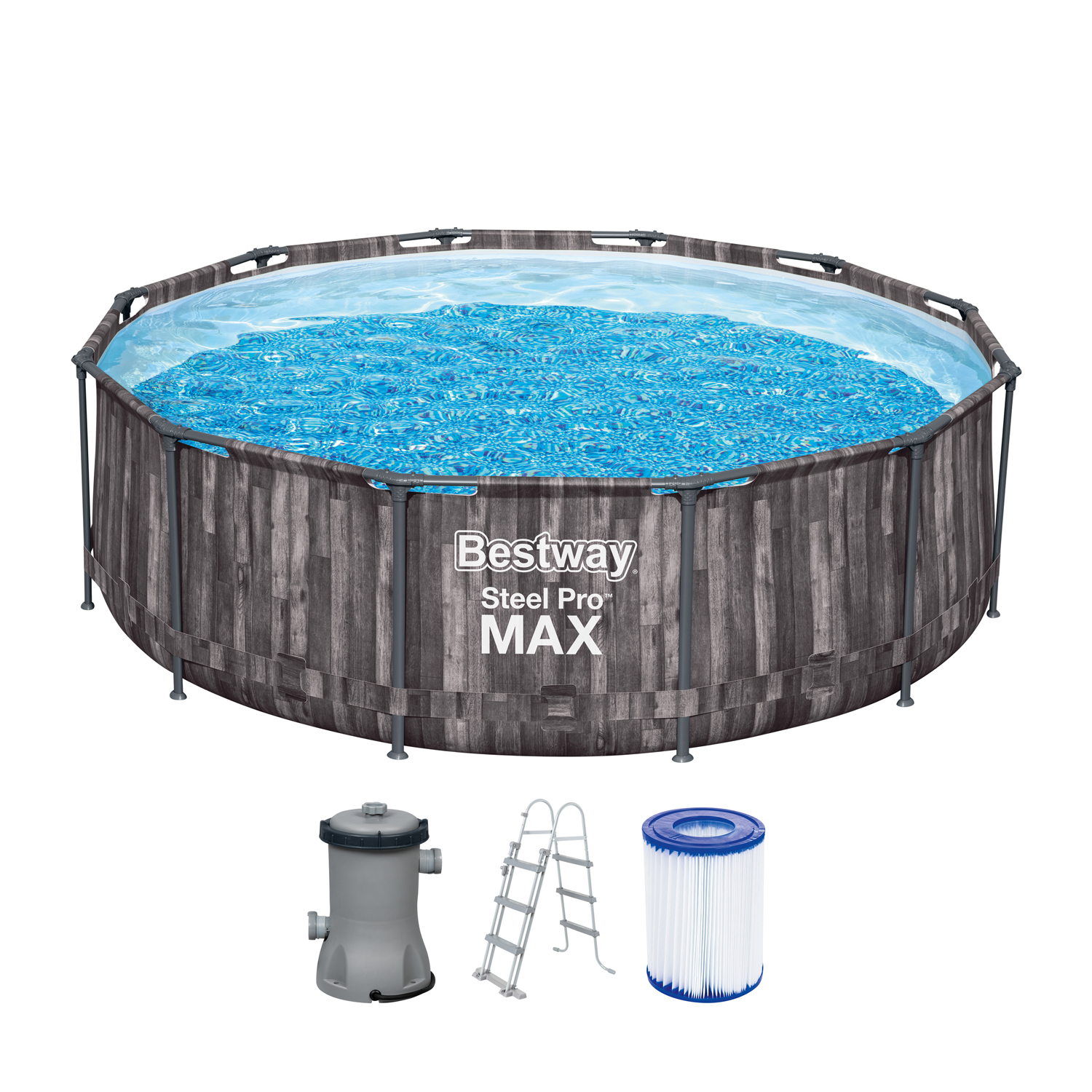Steel Pro MAX™ Frame Pool-Set mit Filterpumpe Ø 366 x 100 cm, Holz-Optik  (Mooreiche), rund | Runde Steel Pro Max Pools | Steel Pro MAX™ Pools |  Pools & Zubehör