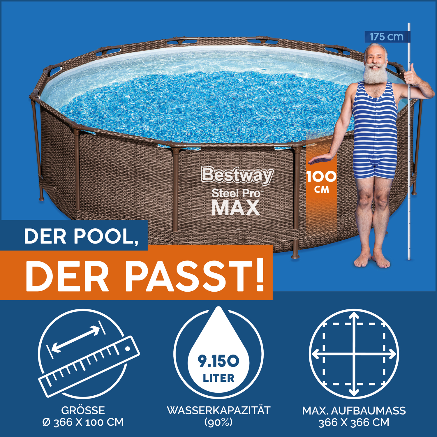 Steel Pro MAX™ Frame Pool Zubehör | mit | & rund Rattan-Optik Pools (Schokobraun), Steel Pools 100 366 MAX™ Pools | Set cm, x Ø Filterpumpe Steel Max Pro Runde Pro